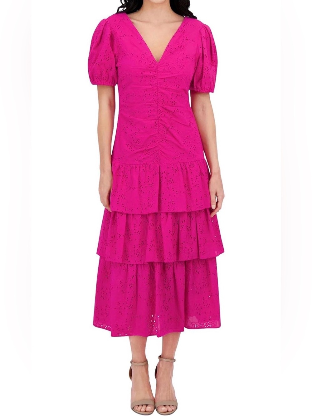 Kensie Short Ballon Sleeve Embriodered Cotton Drop Waist Midi Dress